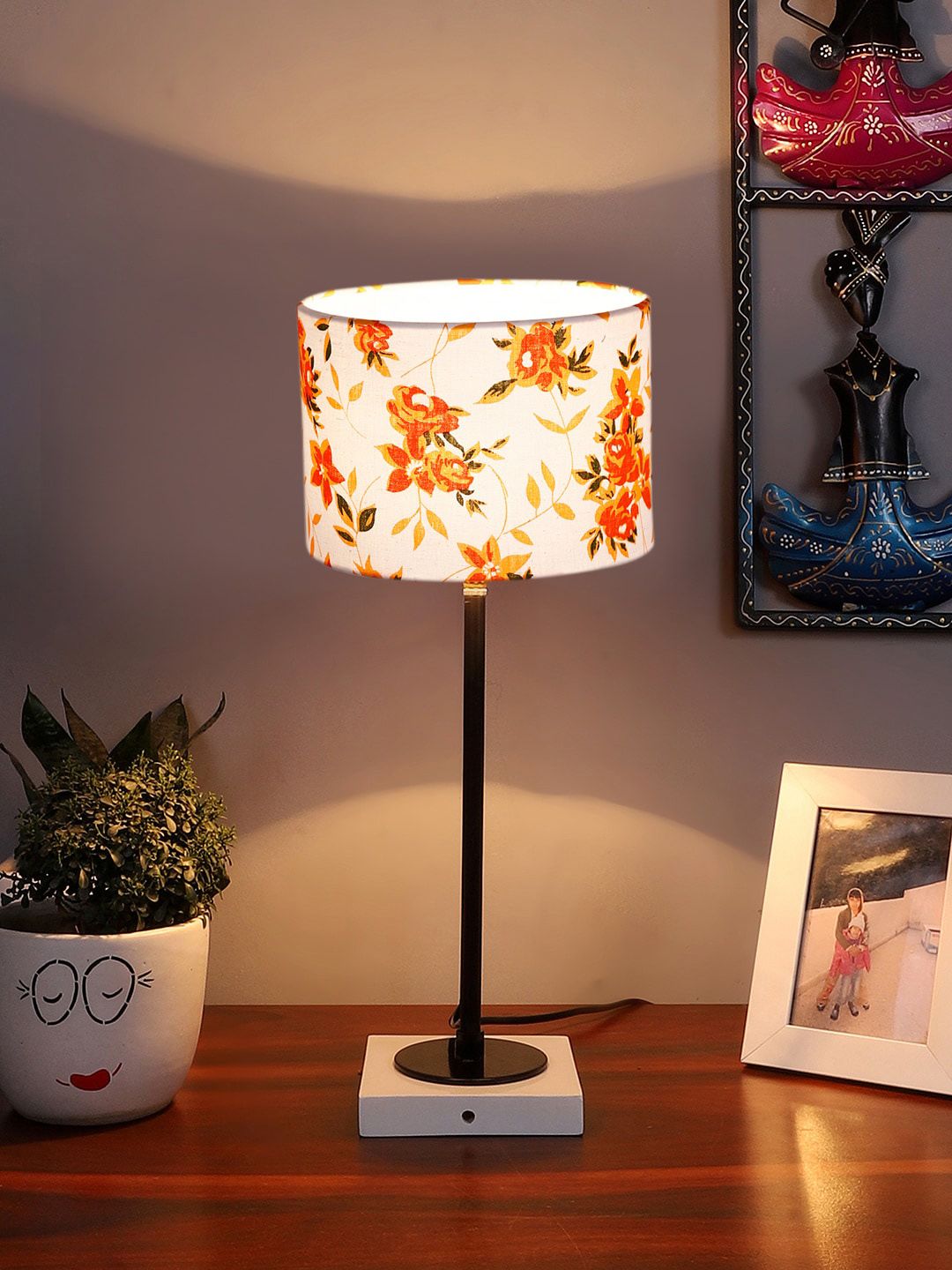 Devansh Warm Yellow Wood Cylinder Printed High Quality Electrical Table Lamps
