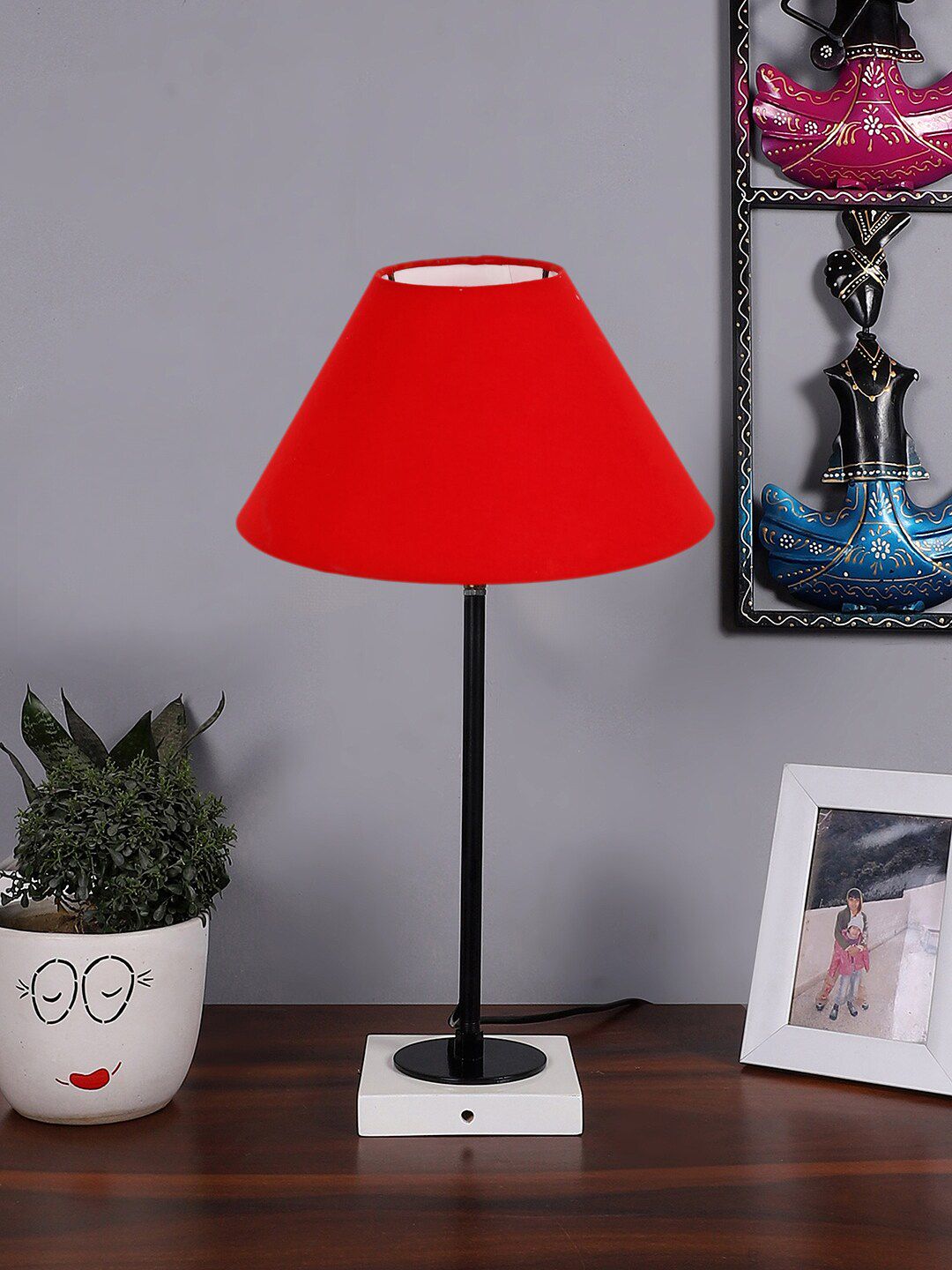 Devansh Red & White Wooden Table Lamp With Cotton Shade