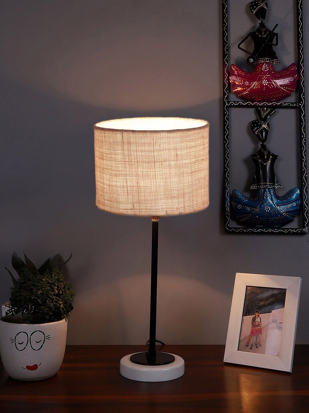 Devansh Warm Yellow Wood Cylinder Textured High Quality Electrical Table Lamps