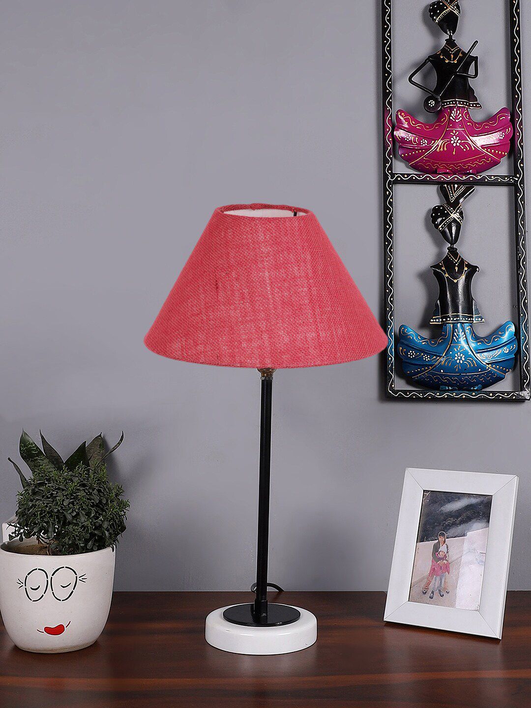 Devansh Pink & White Textured Wooden Table Lamp With Cotton Shade