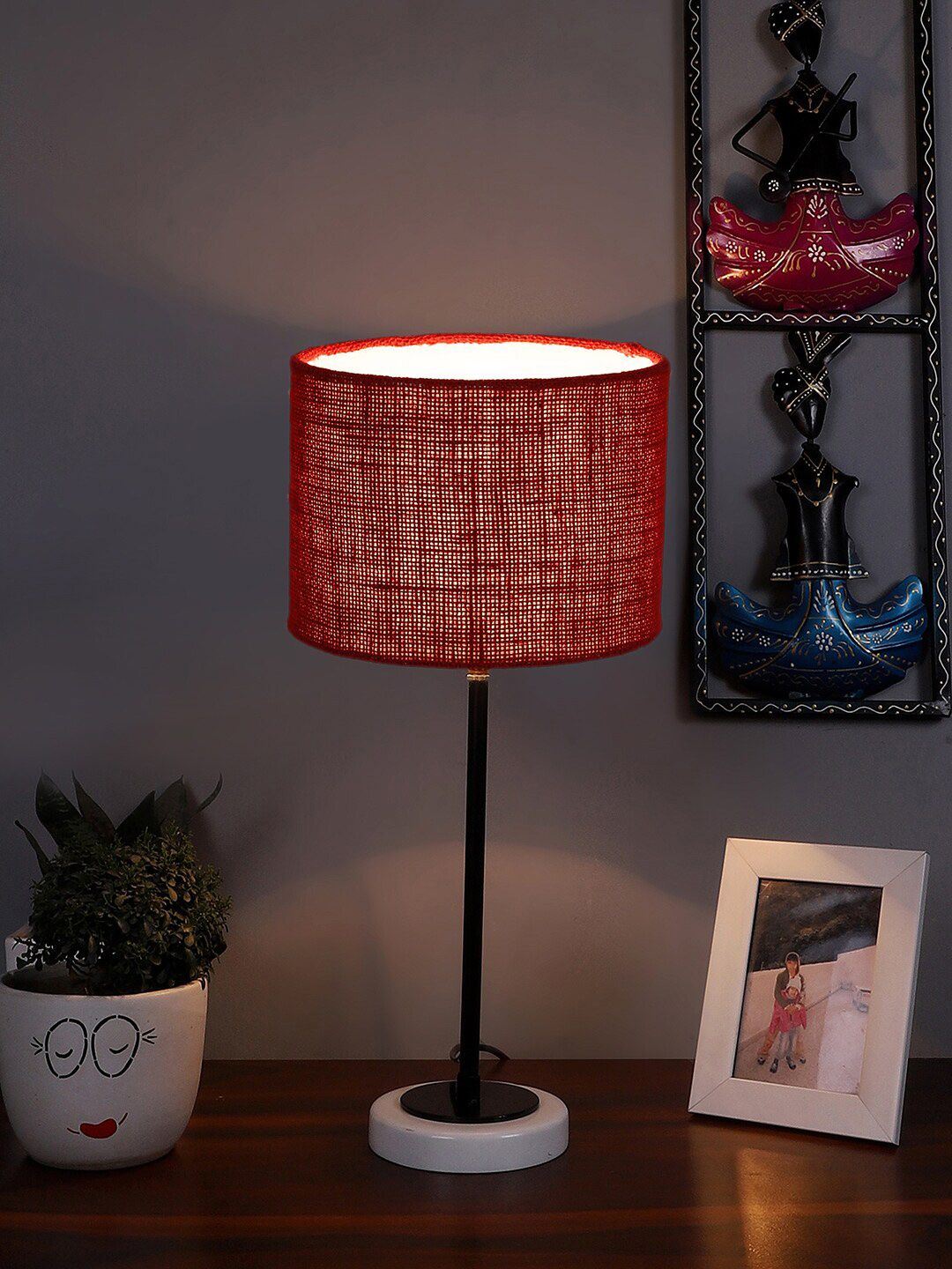 Devansh Warm Yellow Wood Cylinder Textured High Quality Electrical Table Lamps