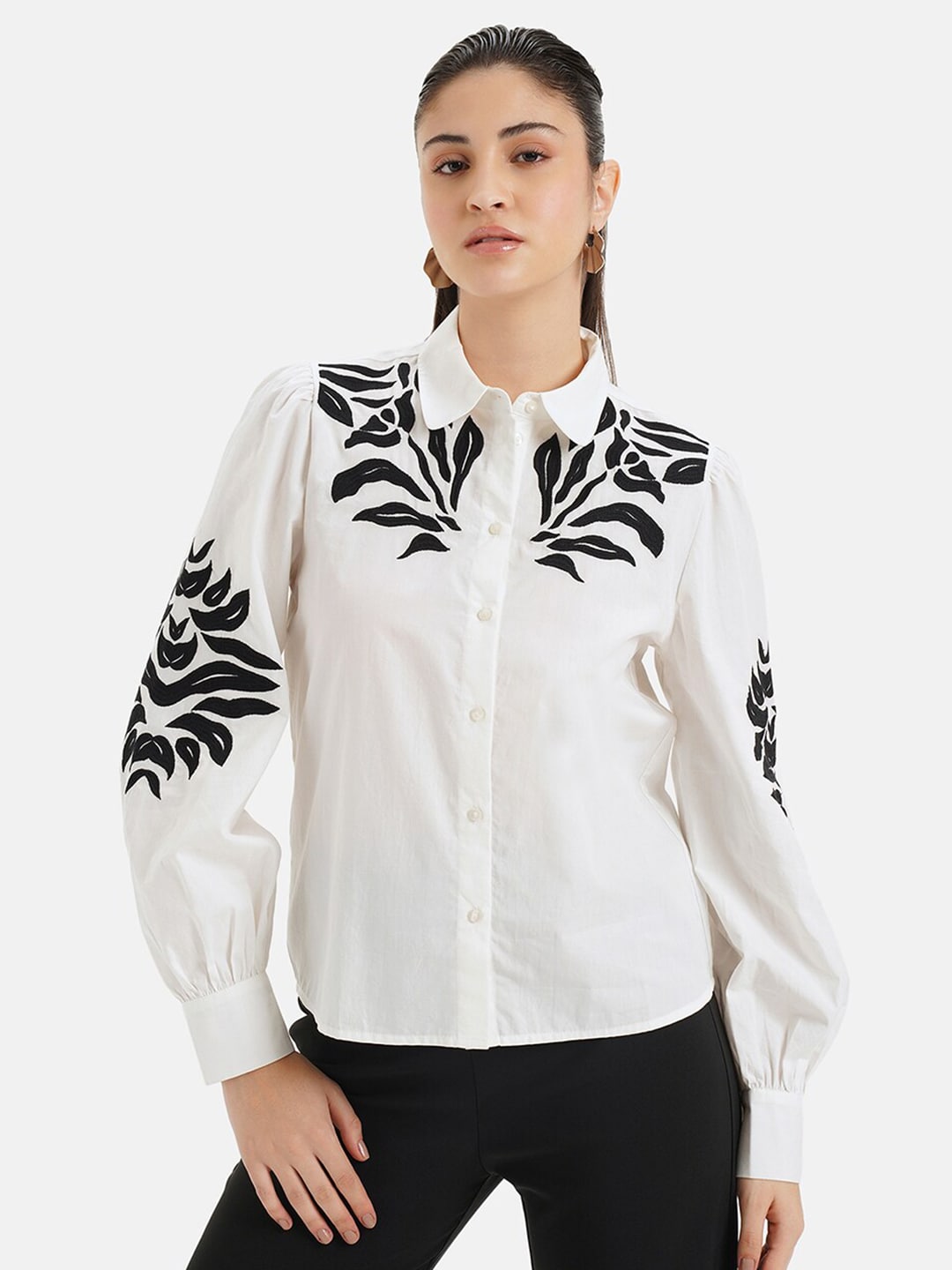 Kazo Relaxed Opaque Floral Embroidered Cotton Casual Shirt Price in India