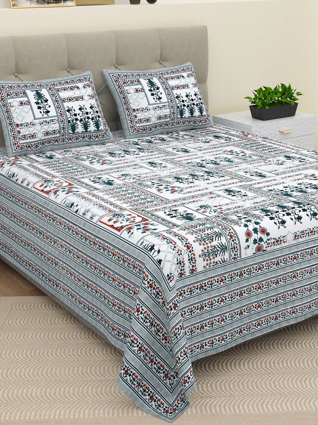 BELLA CASA BELLA CASA Ethic Collection White Floral Cotton 180 TC King Fine Bedsheet with 2 Pillow Covers-91 x 108 inches
