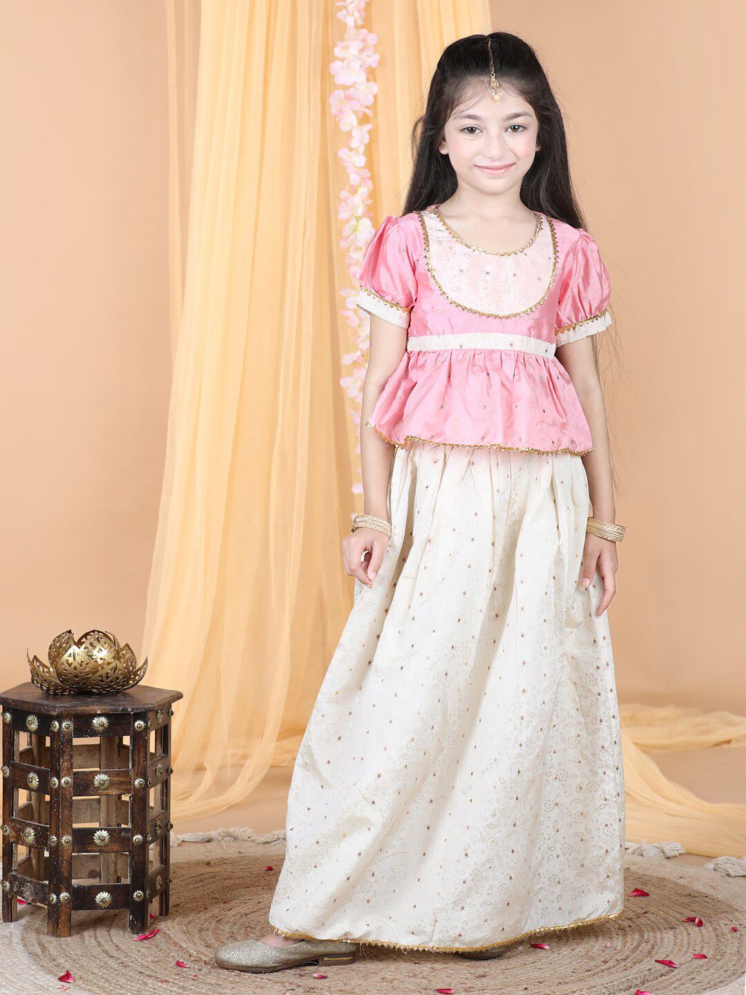 Cutiekins Girls Woven Design Puff Sleeve Ready to Wear Silk Lehenga & Blouse Price in India