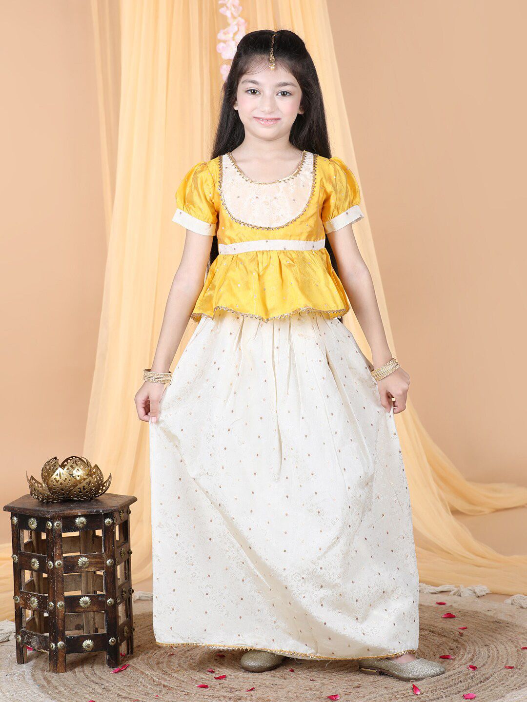 Cutiekins Girls Woven Design Puff Sleeve Ready to Wear Silk Lehenga & Blouse Price in India