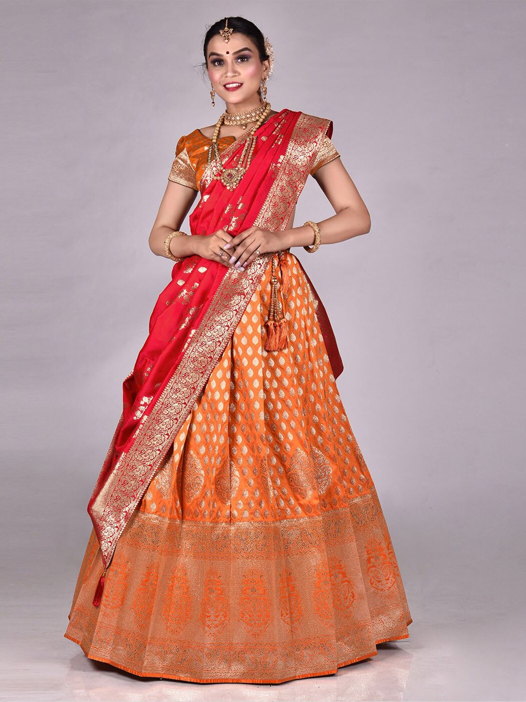 HALFSAREE STUDIO Woven Design Silk Semi-Stitched Lehenga & Unstitched Blouse With Dupatta Price in India