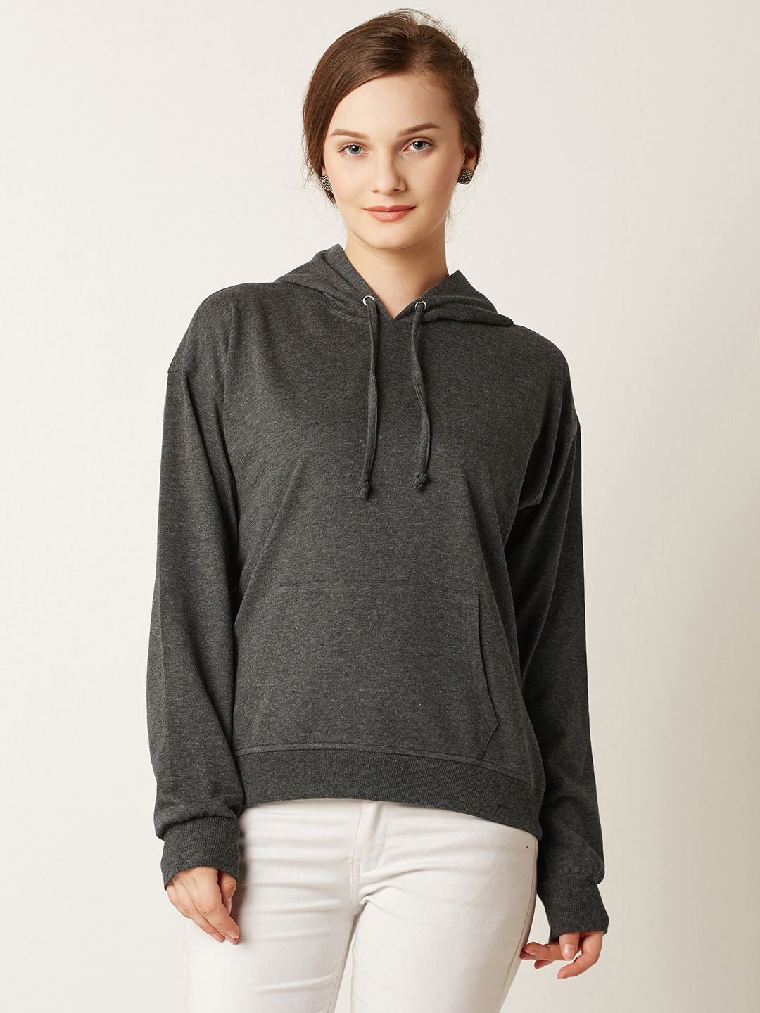 Miss Chase Women Grey Solid Hooded Sweatshirt Price in India
