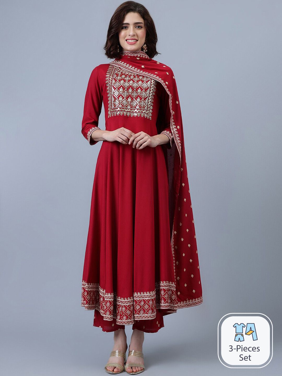 Khushal K Ethnic Motifs Embroidered Thread Work Anarkali Kurta With Trousers & Dupatta Price in India