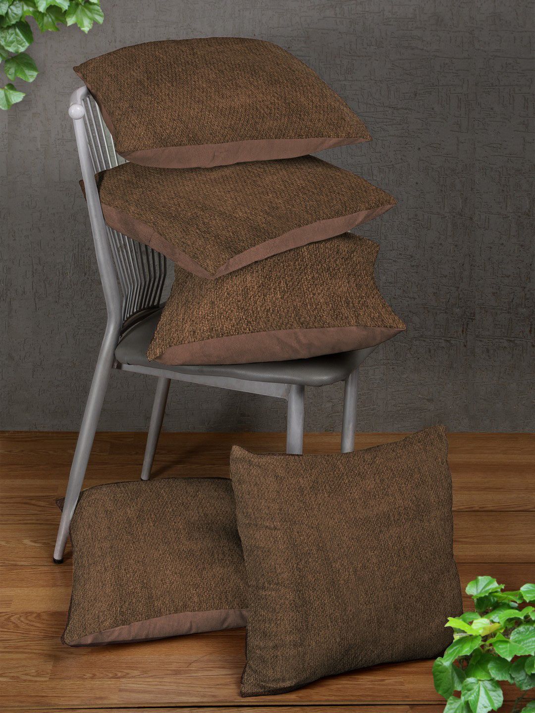 ROMEE Brown Set of 5 Solid Square Cushion Covers Price in India