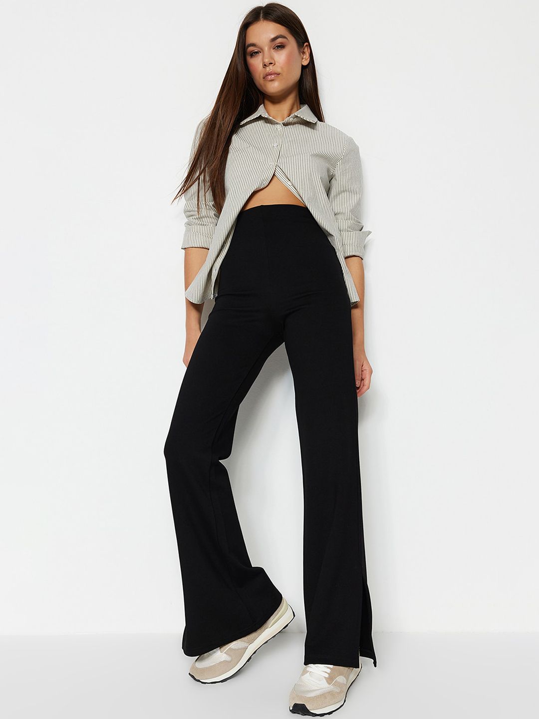 Trendyol Women Mid Rise Plain Slits Bootcut Trousers Price in India