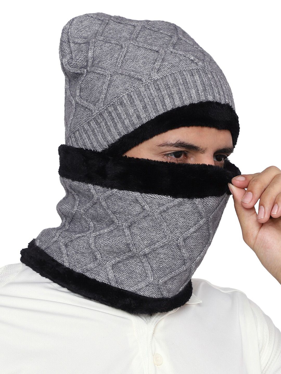 Gajraj Unisex Self Design Pure Woolen Beanie With Neck Scarf