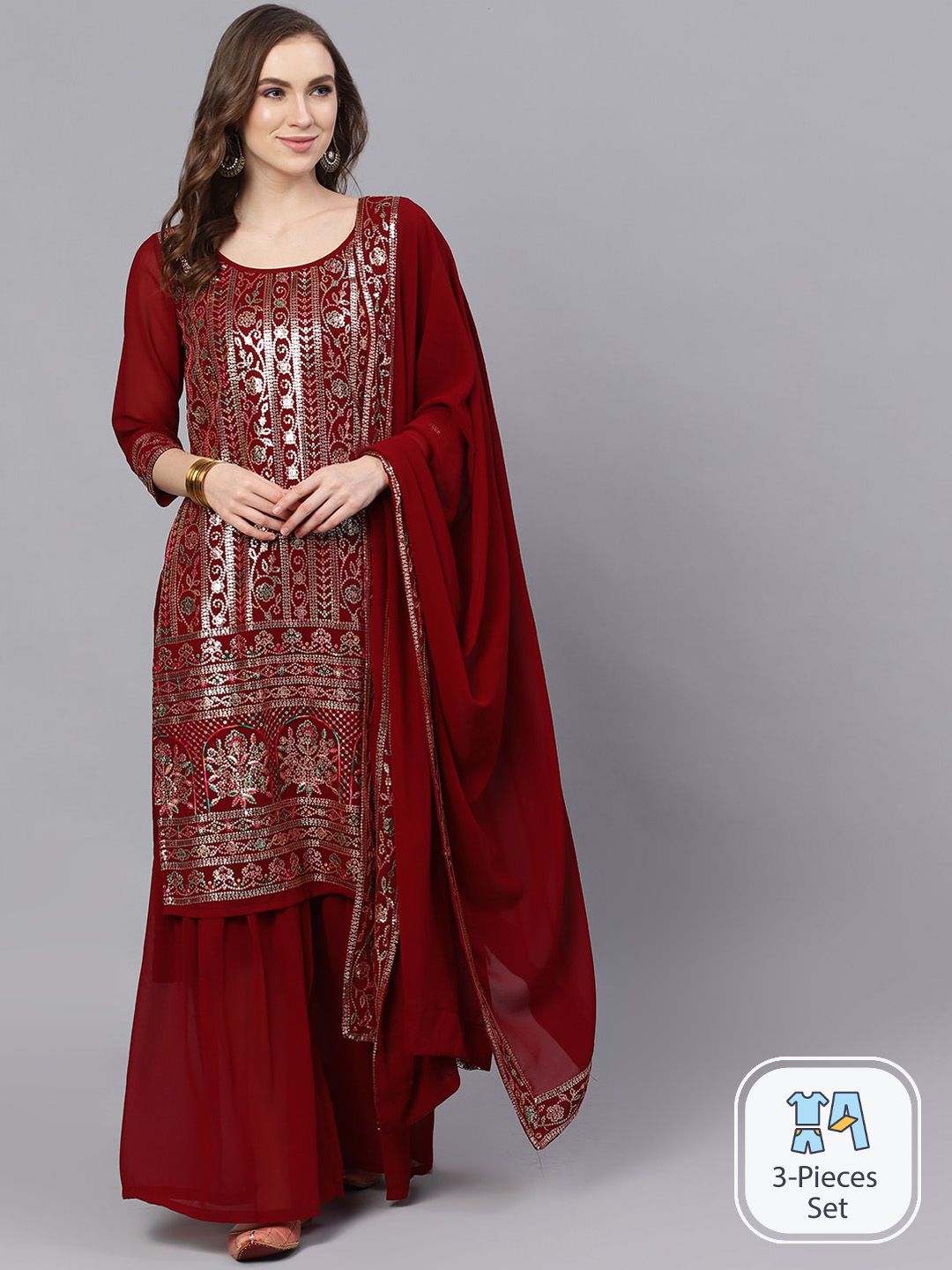 AKS Women Maroon Floral Embroidered Regular Sequinned Kurta with Sharara & With Dupatta