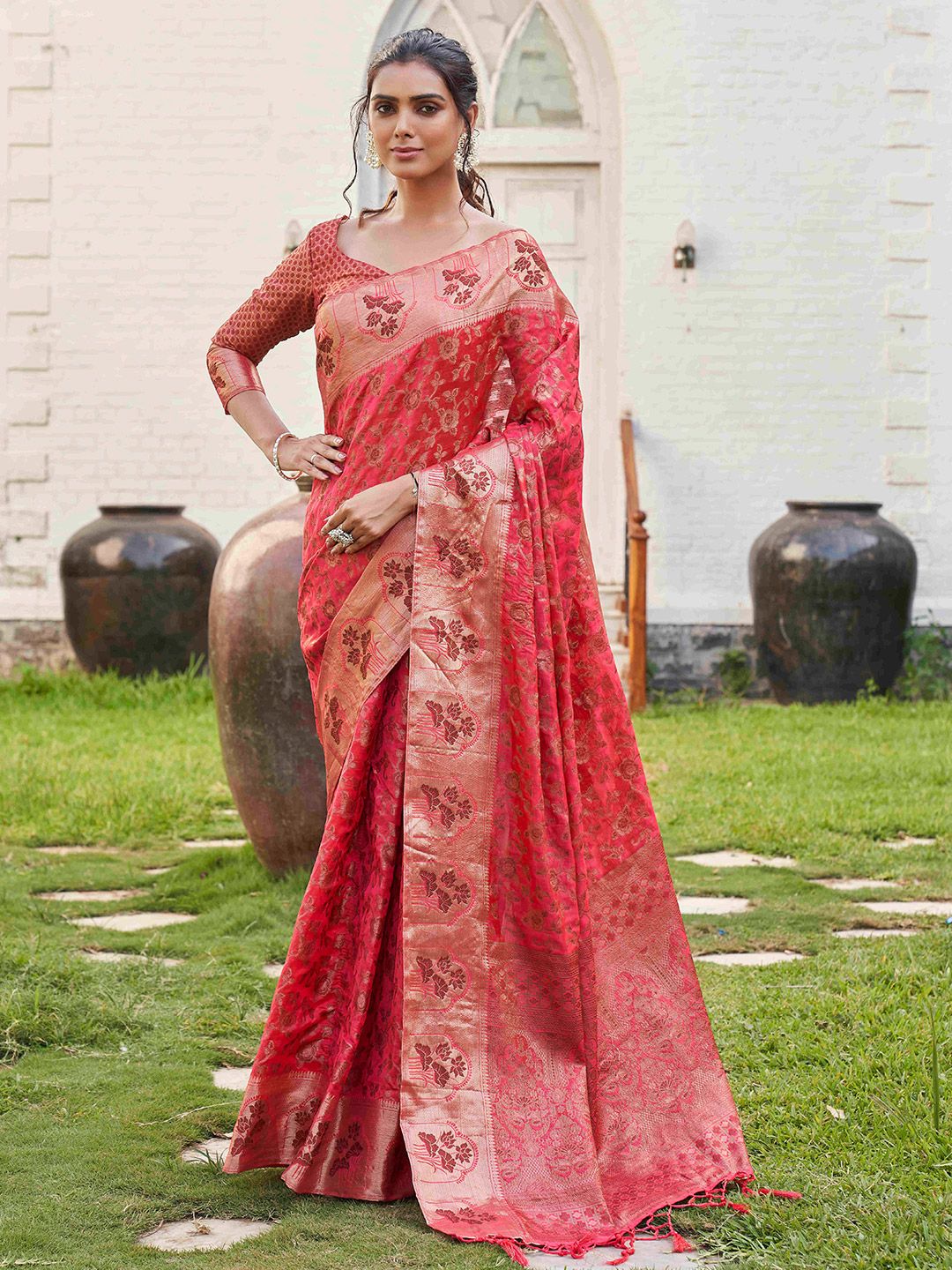 Tikhi Imli Floral Woven Design Zari Ready to Wear Saree Price in India