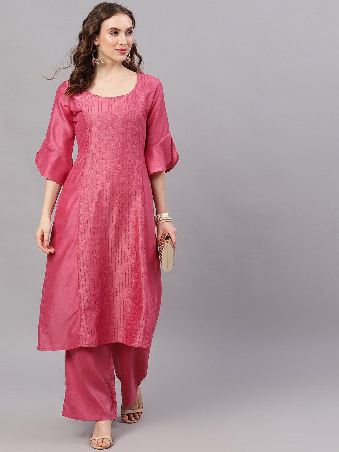 AKS Couture Women Pink Ethnic Motifs Embroidered Panelled Sequinned Kurta with Palazzos
