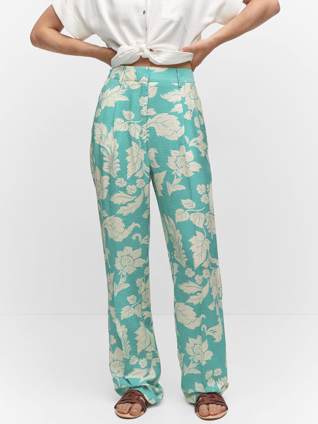 MANGO Women Tropical Printed Straight Fit High-Rise Trousers Price in India
