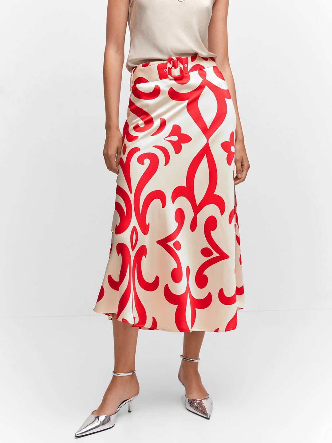 MANGO Satin Finish Floral Printed A-Line Midi Skirt Price in India