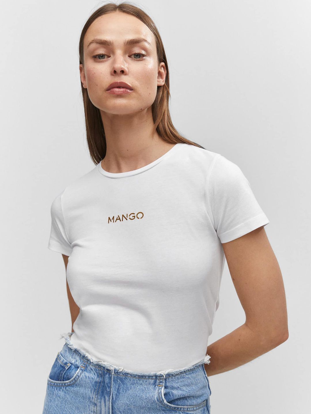 MANGO Brand Logo Printed Pure Cotton T-shirt Price in India
