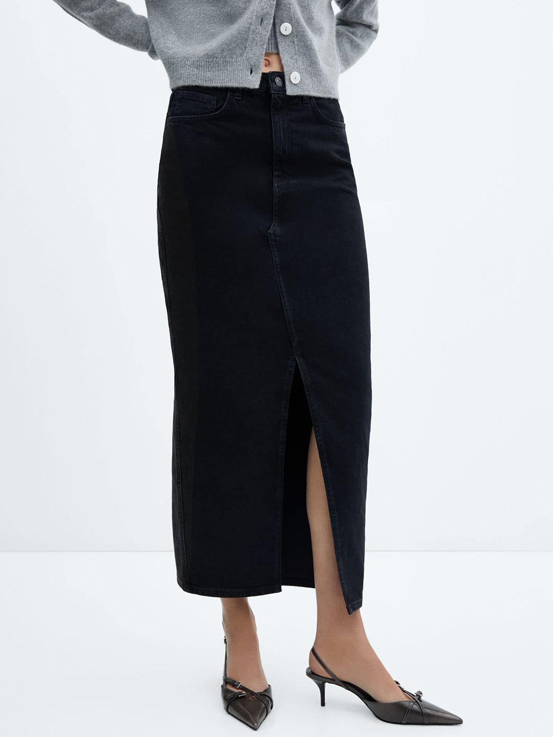 MANGO Pure Cotton Front Slit Straight Midi Denim Skirt Price in India