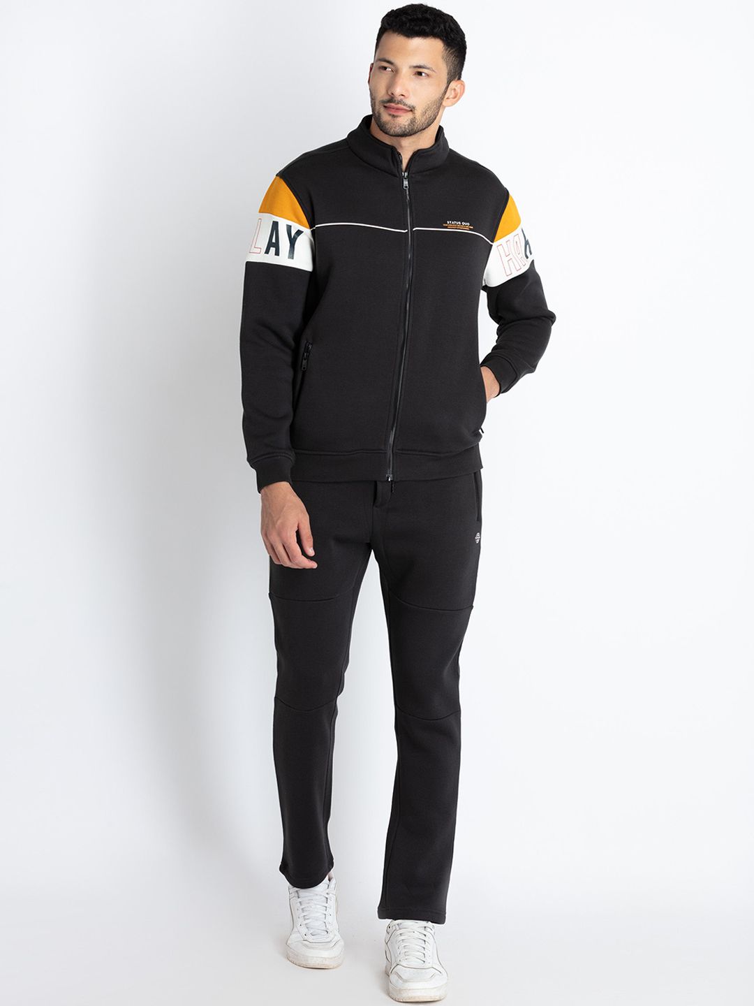 Status Quo Typography Printed Mock Collar Sweatshirt With Track Pants