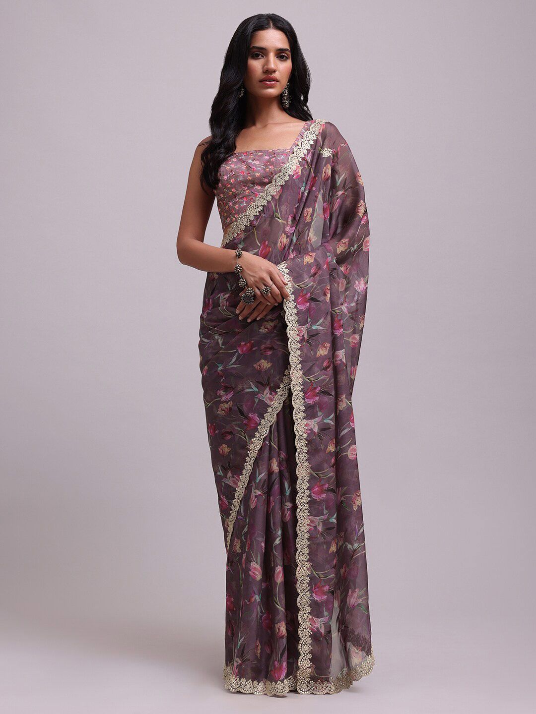 KALKI Fashion Brown & Pink Floral Embroidered Saree Price in India
