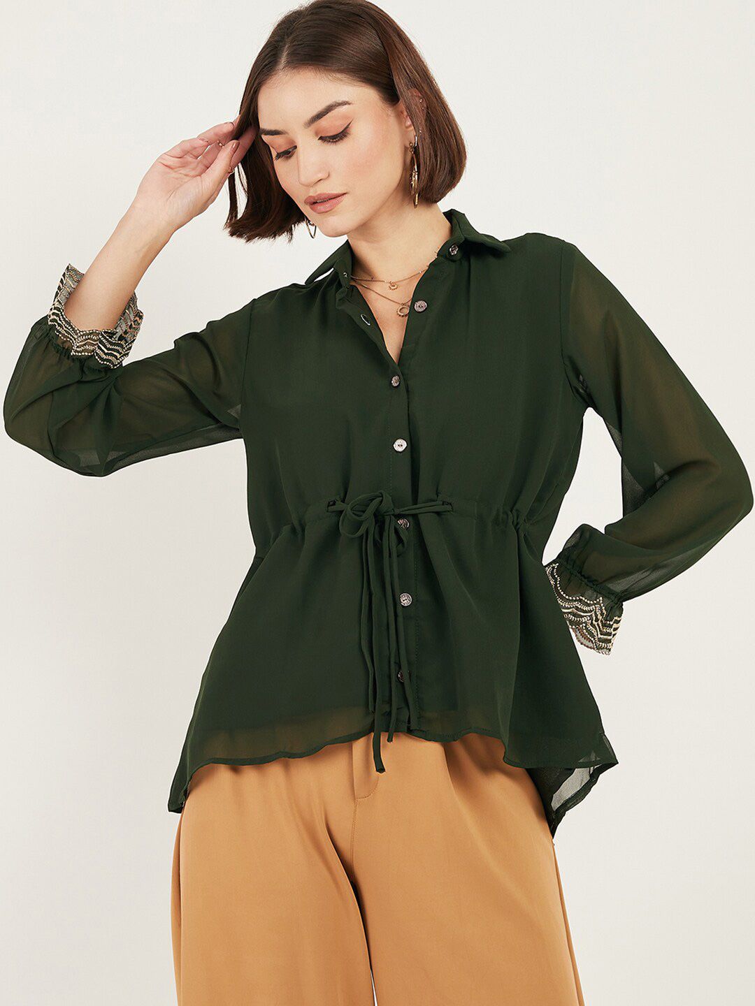 DressBerry Olive Green Mandarin Collar Georgette Shirt Style Top Price in India
