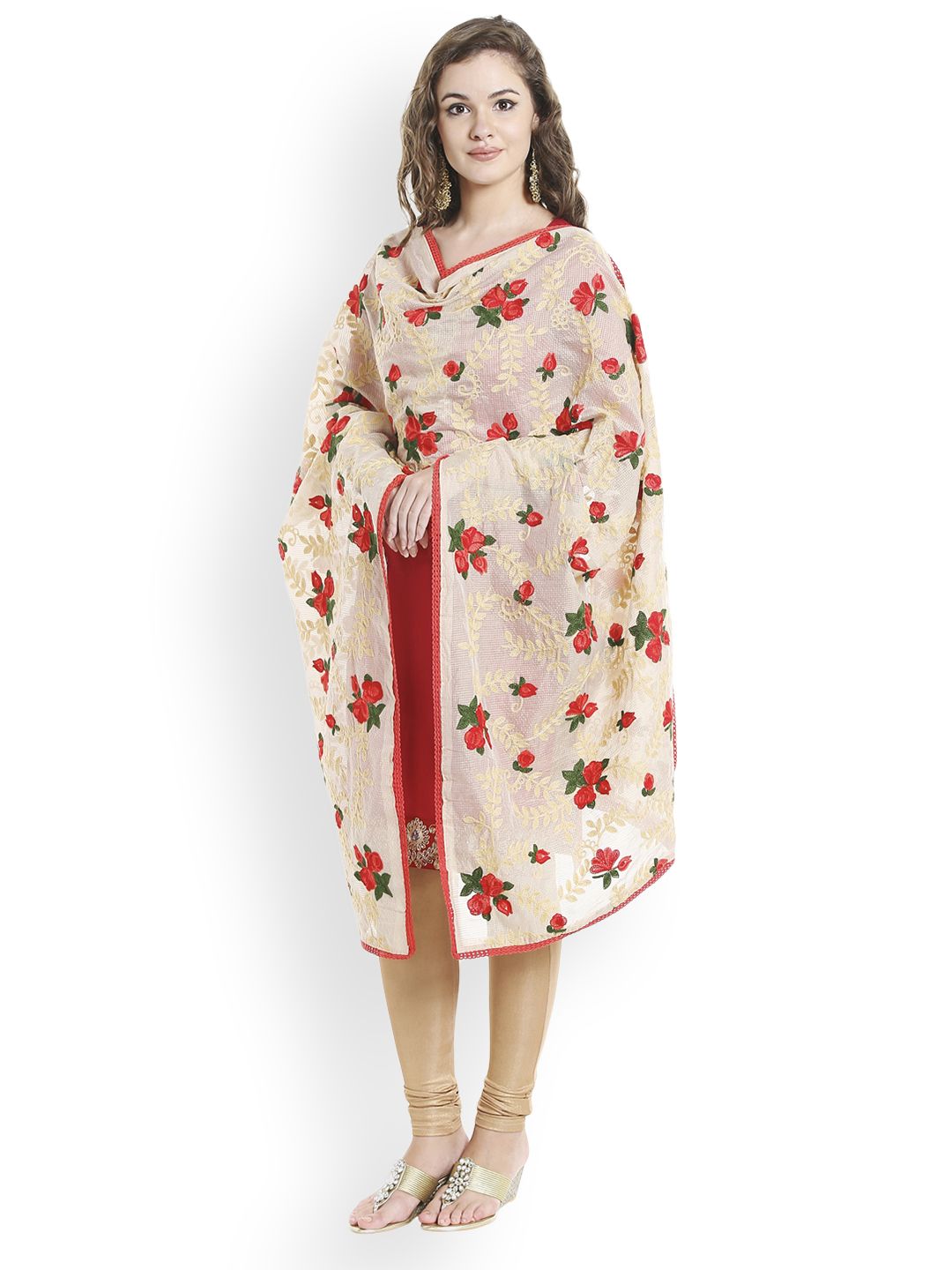 Dupatta Bazaar Beige & Red Embroidered Dupatta