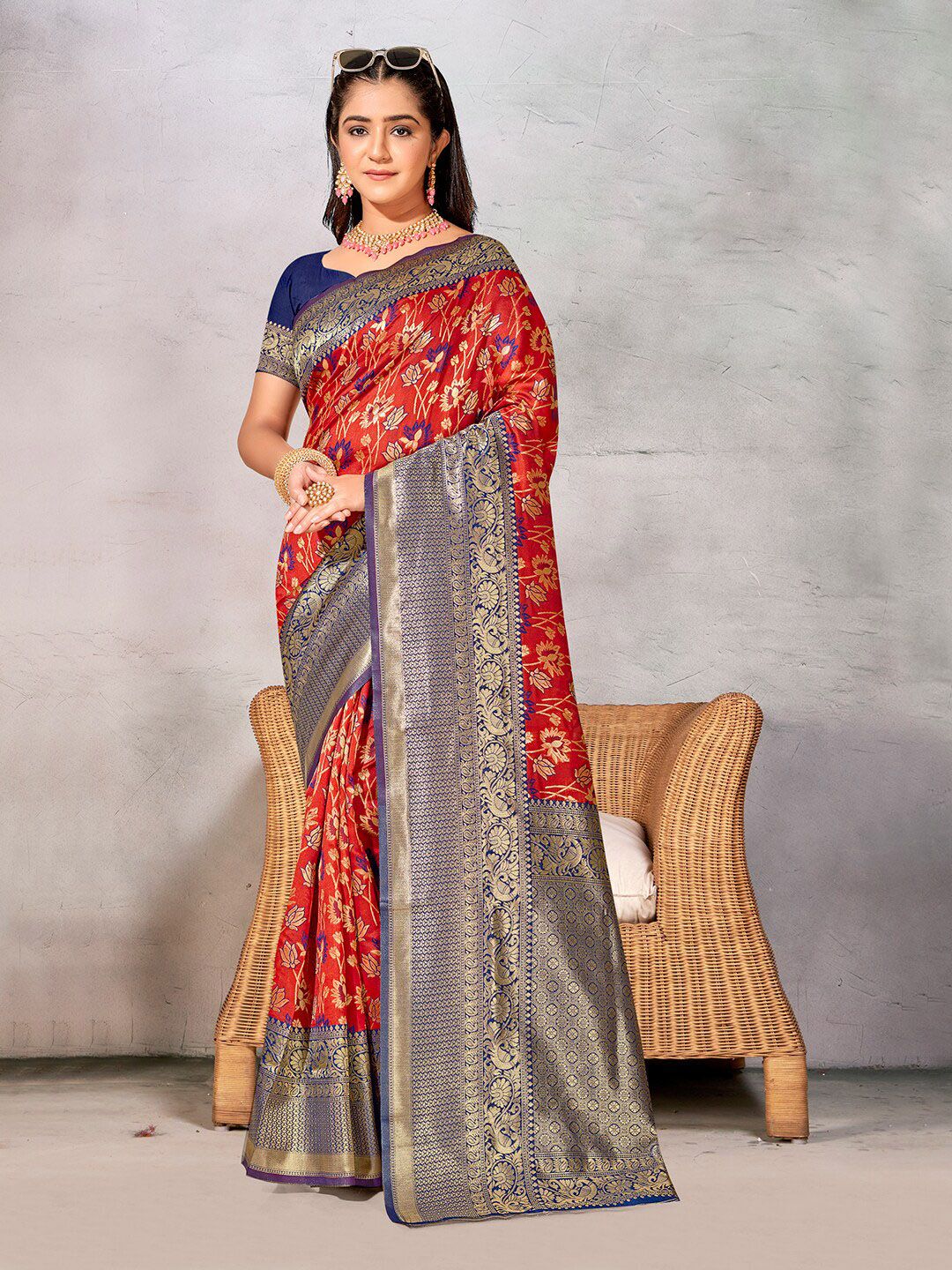 Anouk Red & Blue Woven Design Zari Art Silk Saree Price in India
