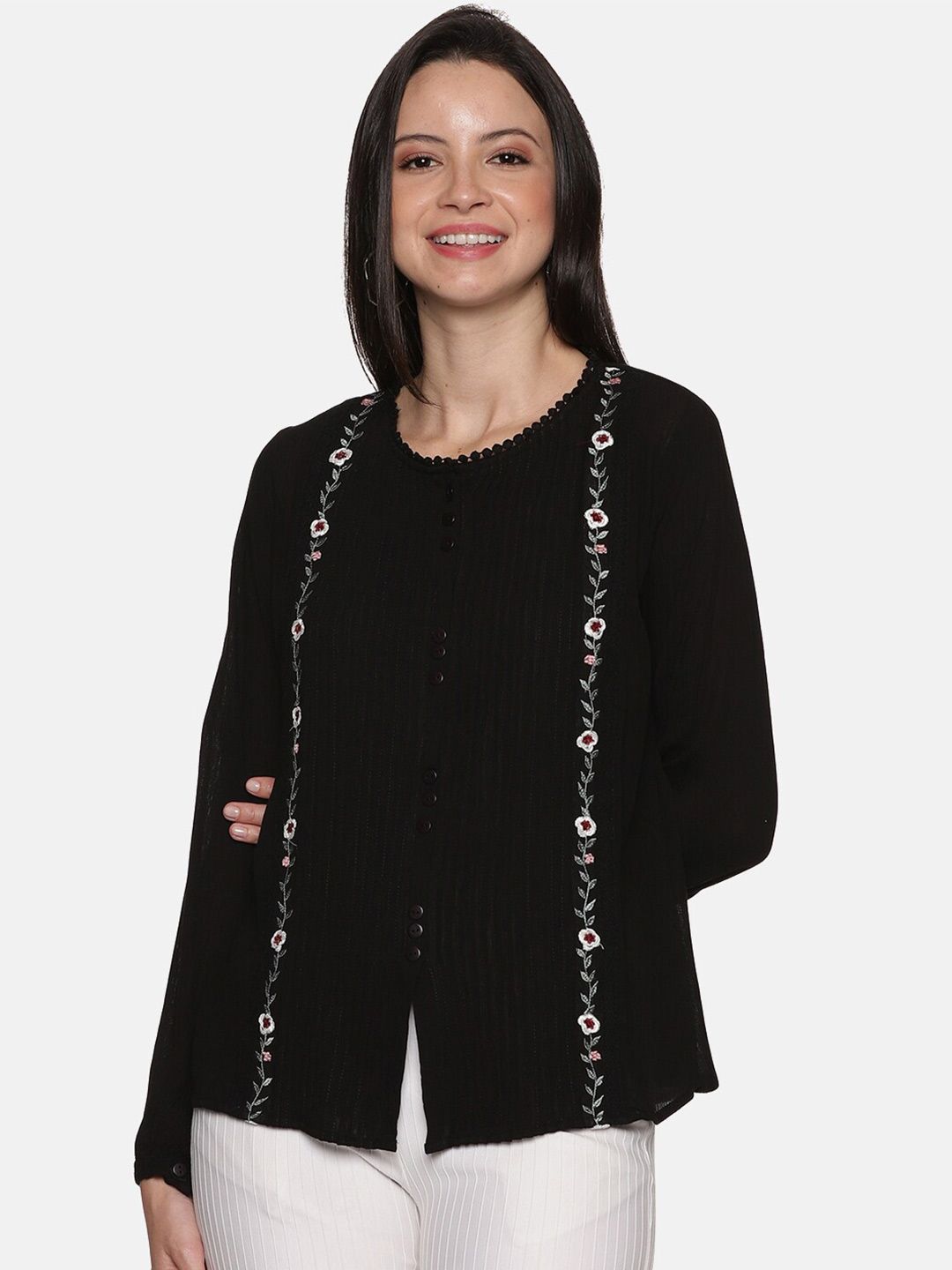 GLORY & I Floral Embroidered Cotton Puff Sleeve Top Price in India