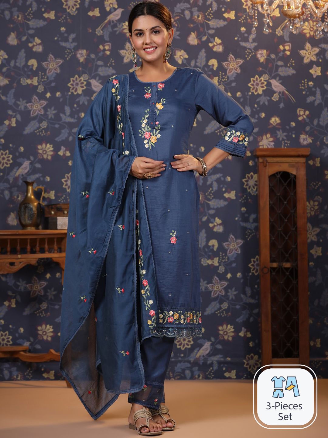 House of Pataudi Floral Embroidered Lace Detail Kurta With Trouser & Dupatta Price in India