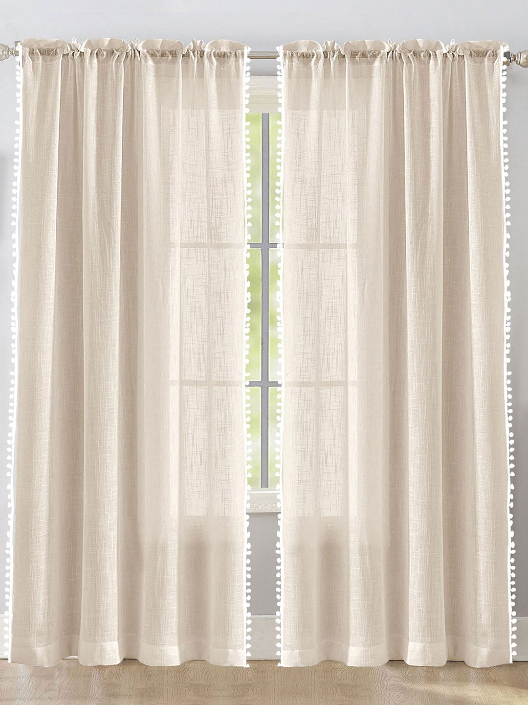 HOMEMONDE Beige & White 2-Pieces Sheer Window Curtains
