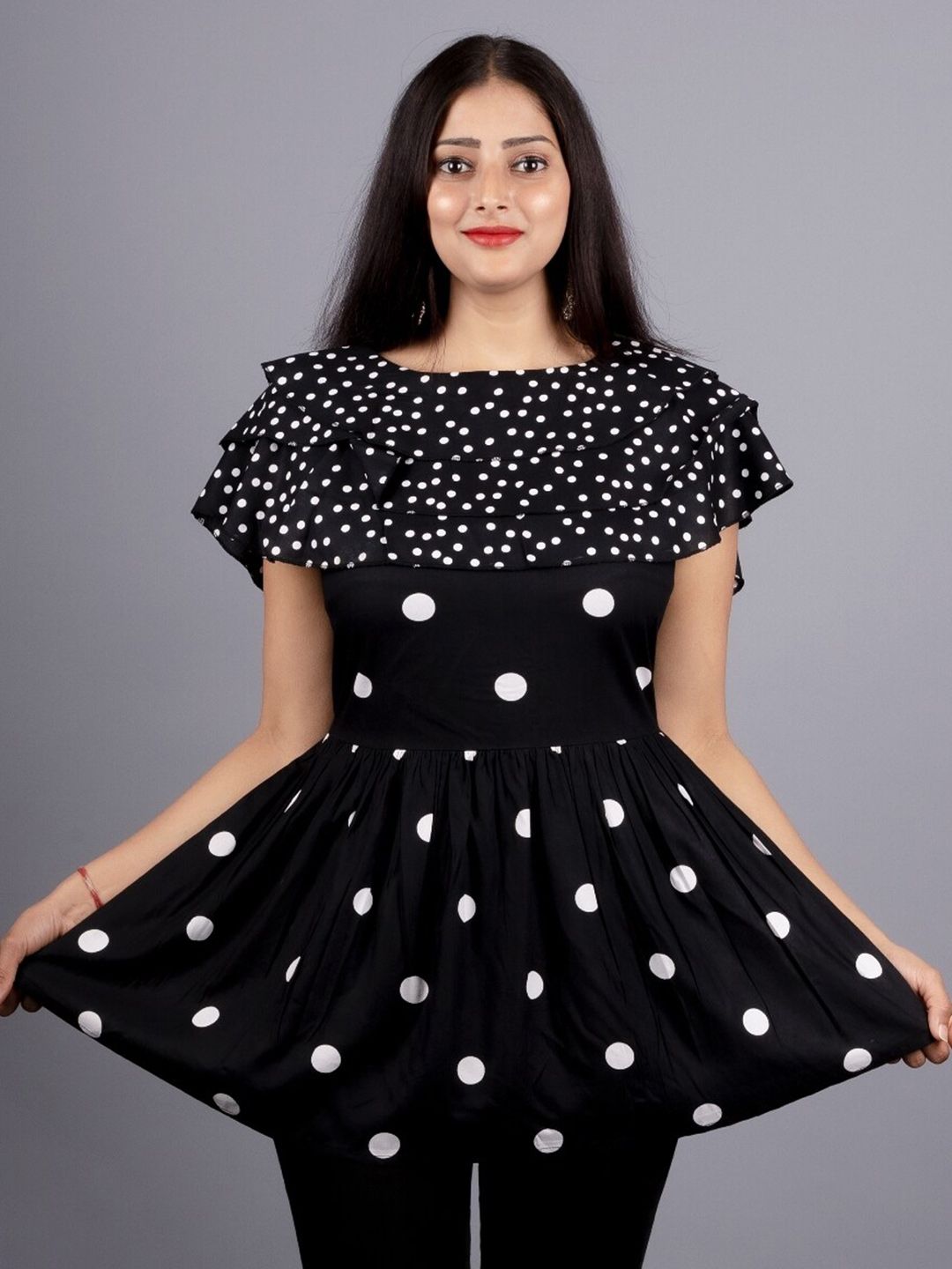 KALINI Polka Dot Printed Flutter Sleeves Top Price in India