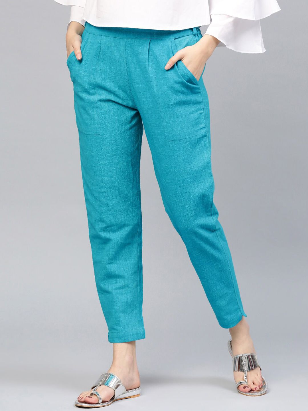 KALINI Women Mid-Rise Pleated Cotton Trousers Price in India