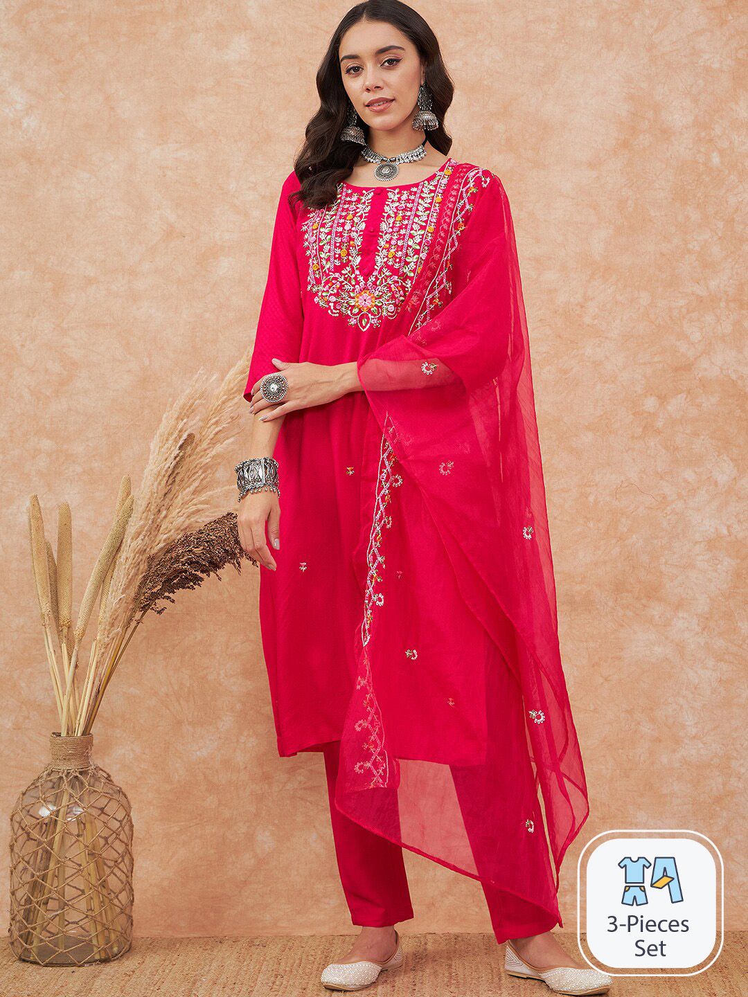 Sangria Floral Embroidered Straight Kurta With Trouser & Dupatta Price in India