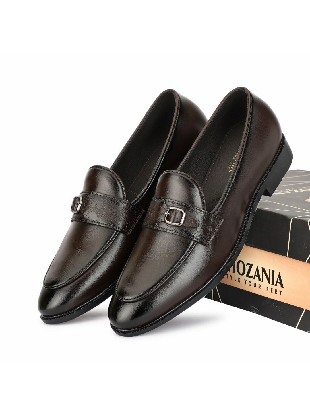 SHOZANIA Men Textured Leather Formal Loafers With Buckle Detail