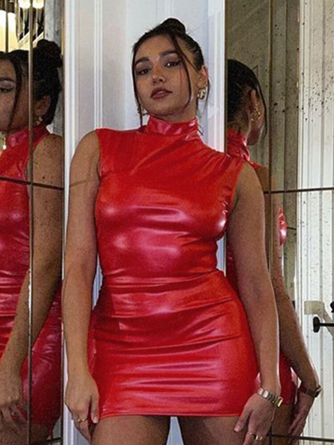 Buy StyleCast Red High Neck Leather Mini Bodycon Dress - Dresses for Women  24541596 | Myntra