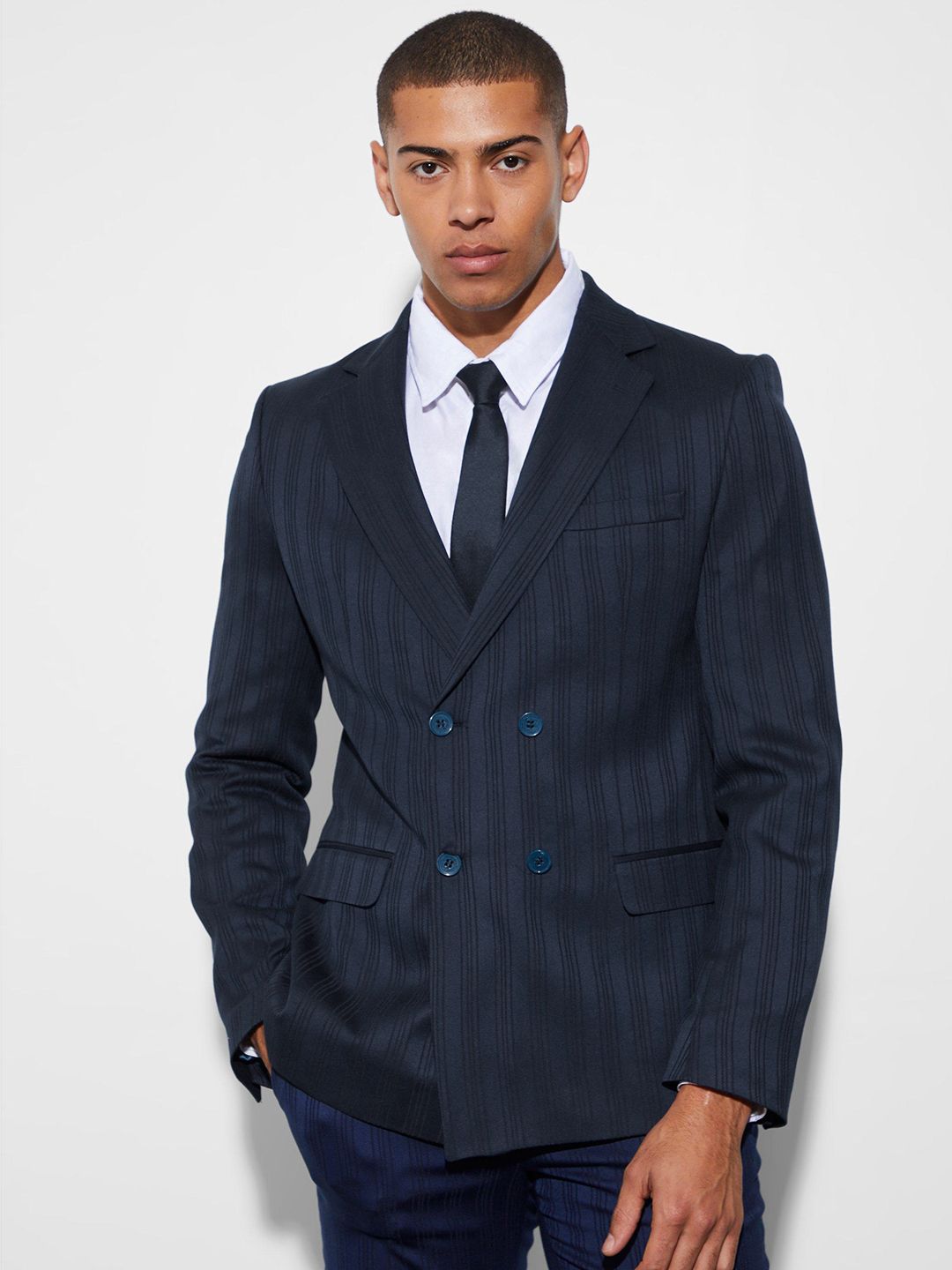 boohooMAN Striped Double-Breasted Formal Blazer