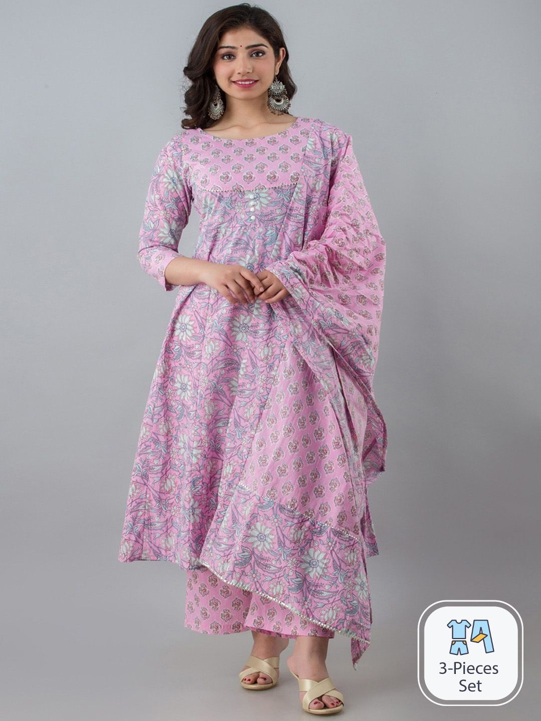 CELEBRAVO Floral Printed Gotta Patti Pure Cotton Anarkali Kurta With Trousers & Dupatta Price in India