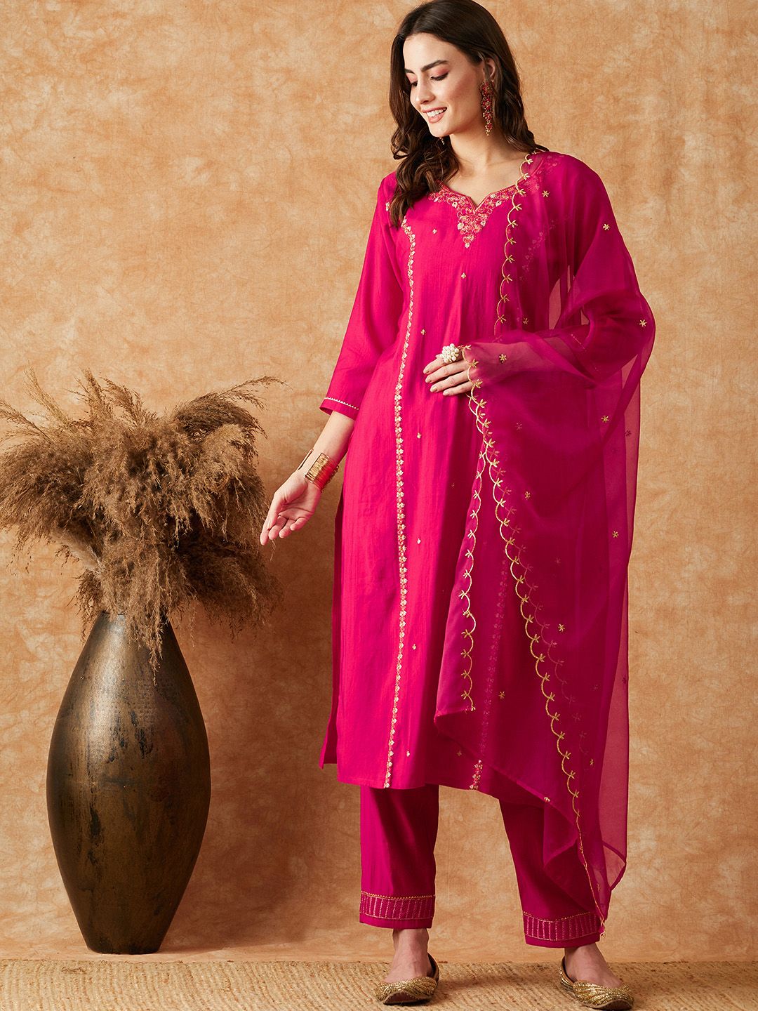 Sangria Pink Floral Embroidered Sequinned Kurta With Trouser & Dupatta Price in India