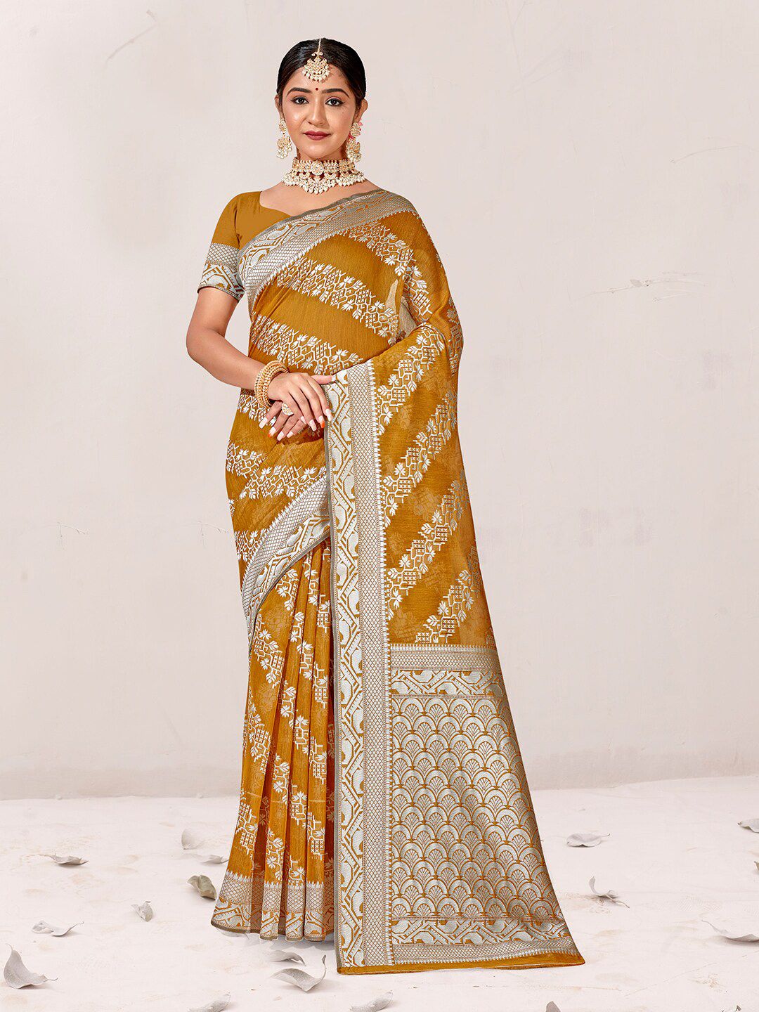 Anouk Yellow & Silver-Toned Woven Design Zari Pure Cotton Chanderi Saree Price in India