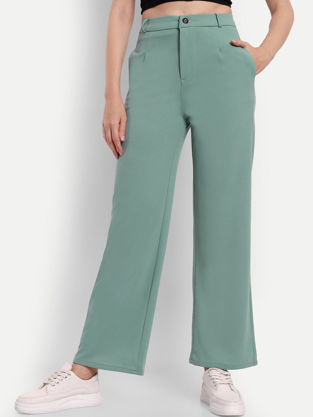 Next One Women Green Smart Loose Fit High-Rise Easy Wash Trousers Price in India