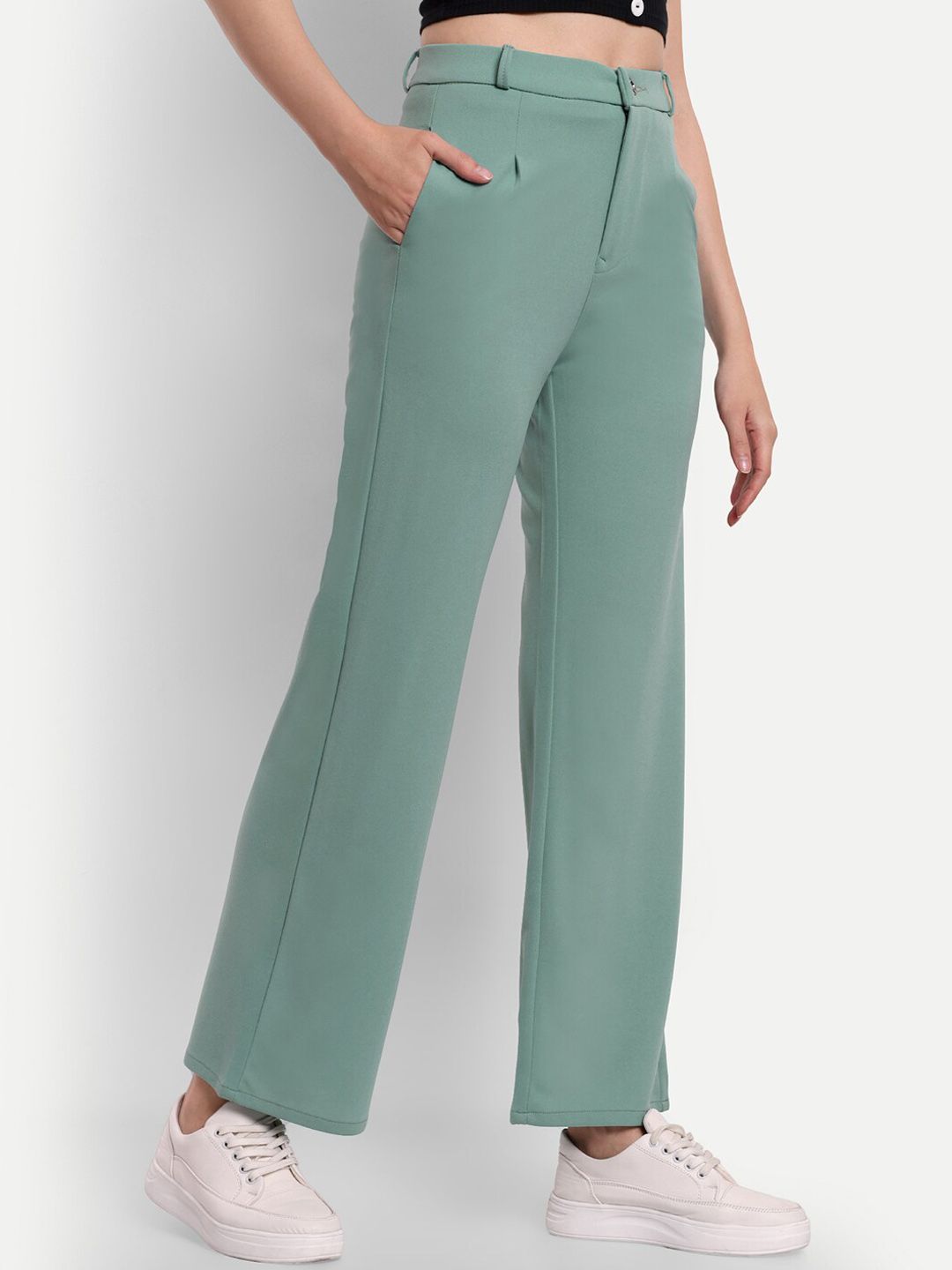 Next One Women Green Smart Loose Fit High-Rise Easy Wash Pleated Trousers Price in India