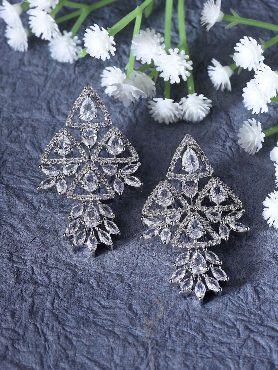 ZENEME Rhodium-Plated AD Studded Contemporary Drop Earrings