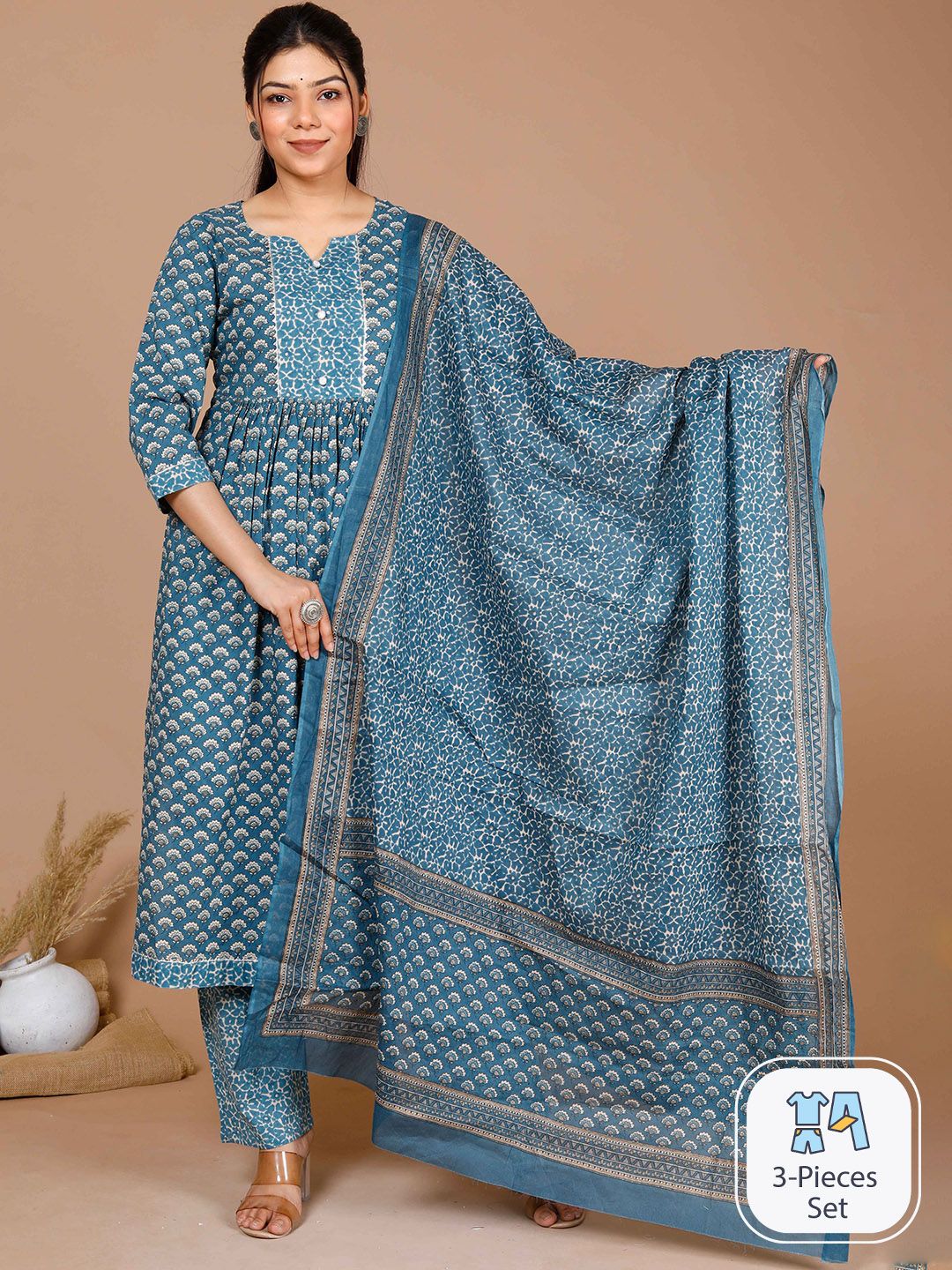 MIRAVAN Women Blue Floral Printed Regular Gotta Patti Pure Cotton Kurta with Palazzos & With Dupatta Price in India