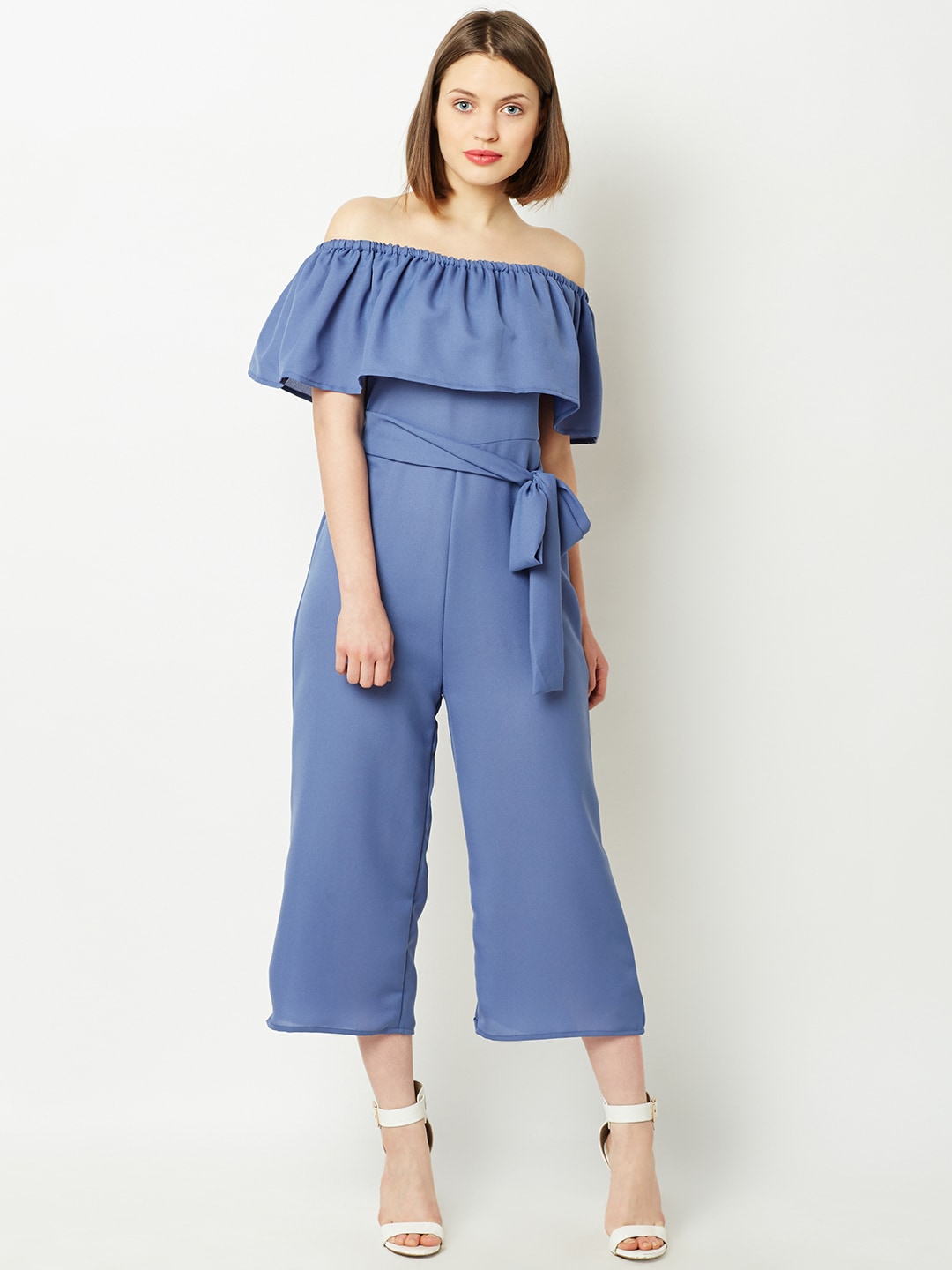 Miss Chase Women Blue Solid Bardot Culotte Jumpsuit Price in India