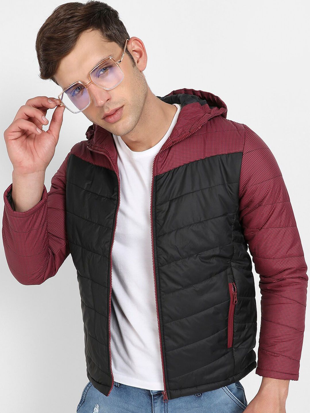 CAHOOT Campus Sutra Black Windcheater Colourblocked Hodded Padded Jacket