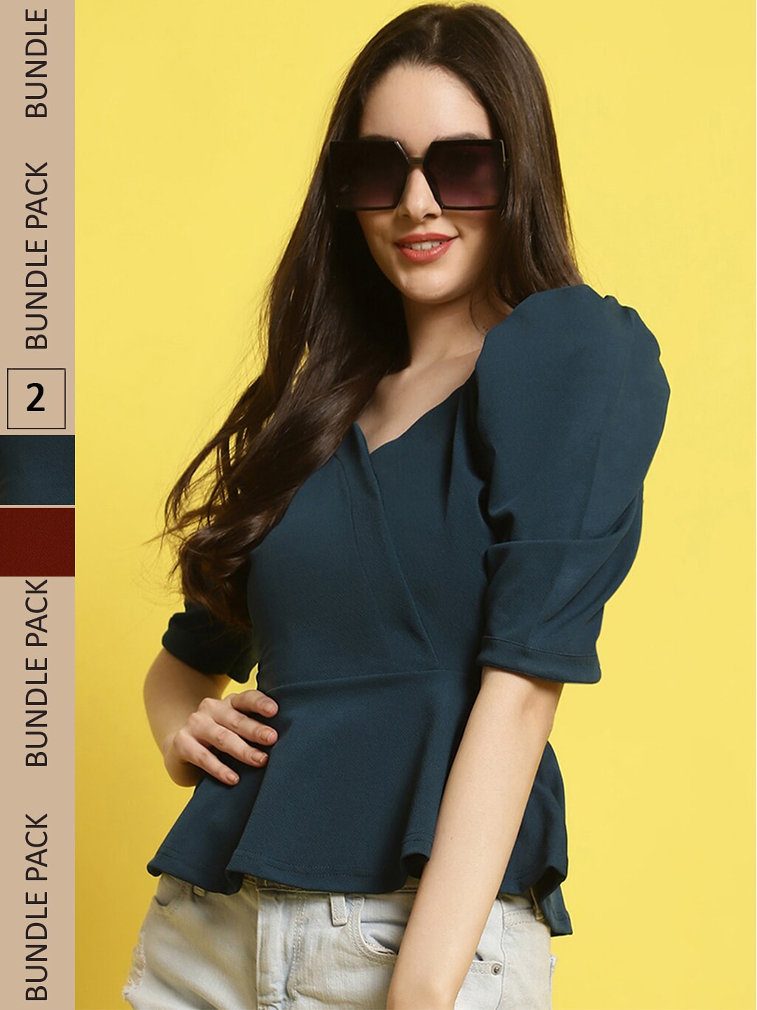 BAESD Pack Of 2 Puff Sleeves V Neck Peplum Tops Price in India