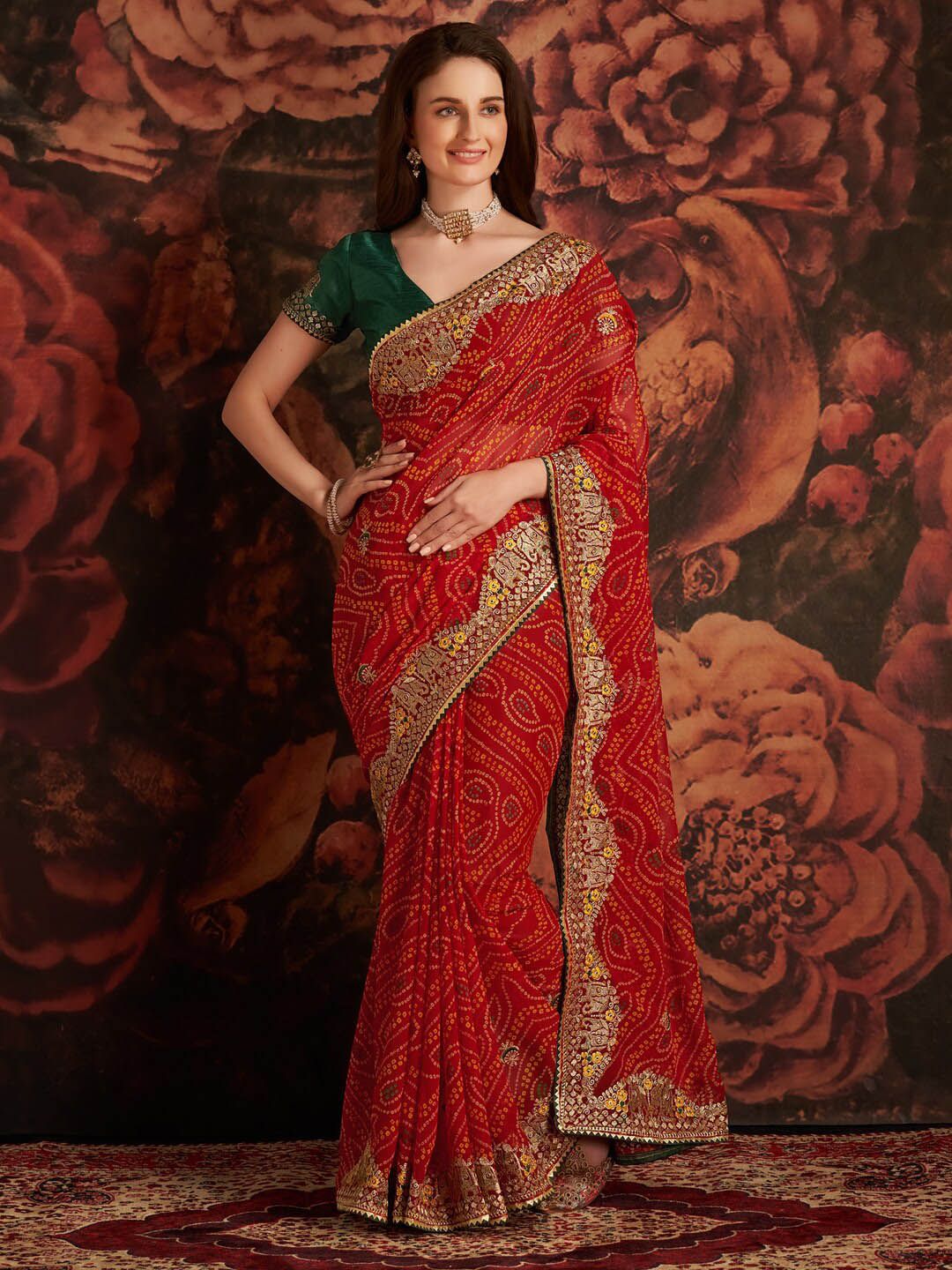 Anouk Red & White Printed & Embellished Georgette Bandhani Saree Price in India