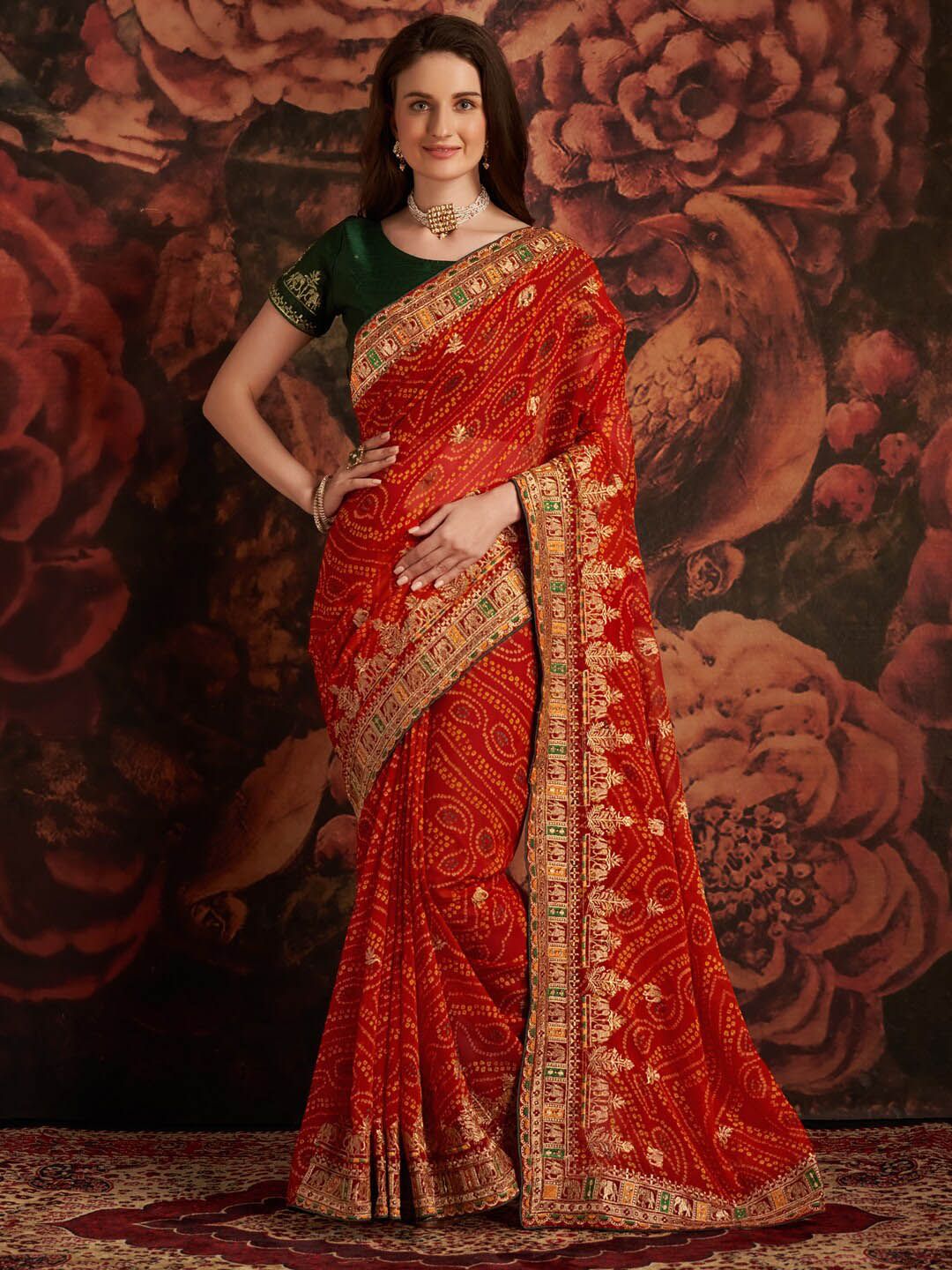 Anouk Red & Green Printed & Embroidered Pure Georgette Bandhani Saree Price in India