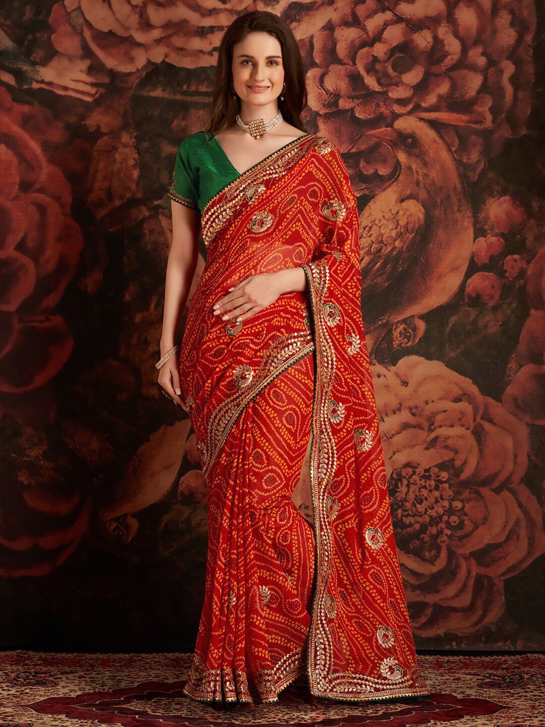 Anouk Red & White Printed & Embroidered Pure Georgette Bandhani Saree Price in India