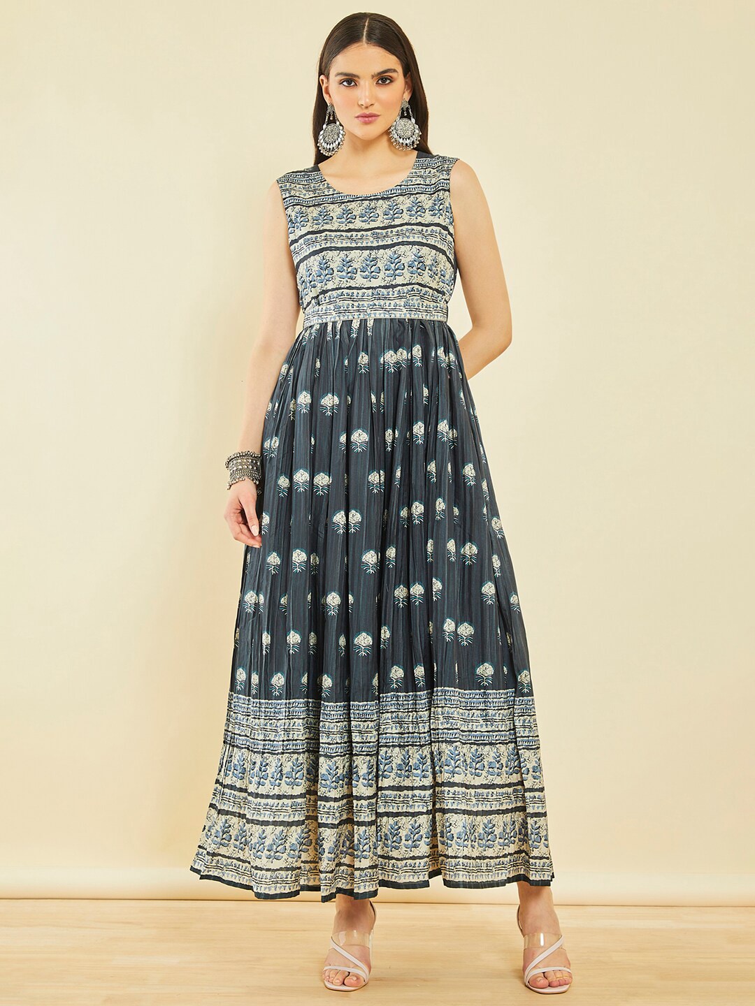 Soch Charcoal Ethnic Motifs Printed Sequined Maxi Fit & Flare Ethnic Dress Price in India